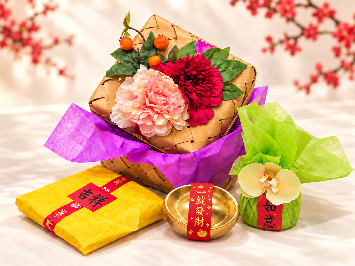 Floral hamper with gold ingot and teas