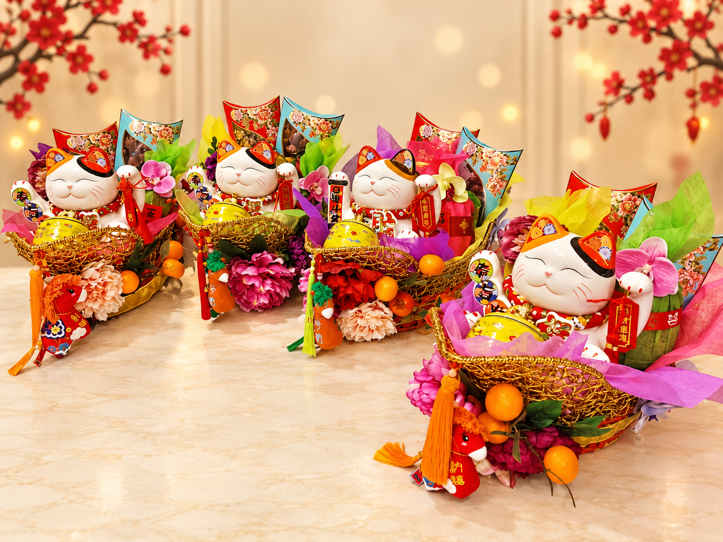 Four festive fortune cat gift hampers